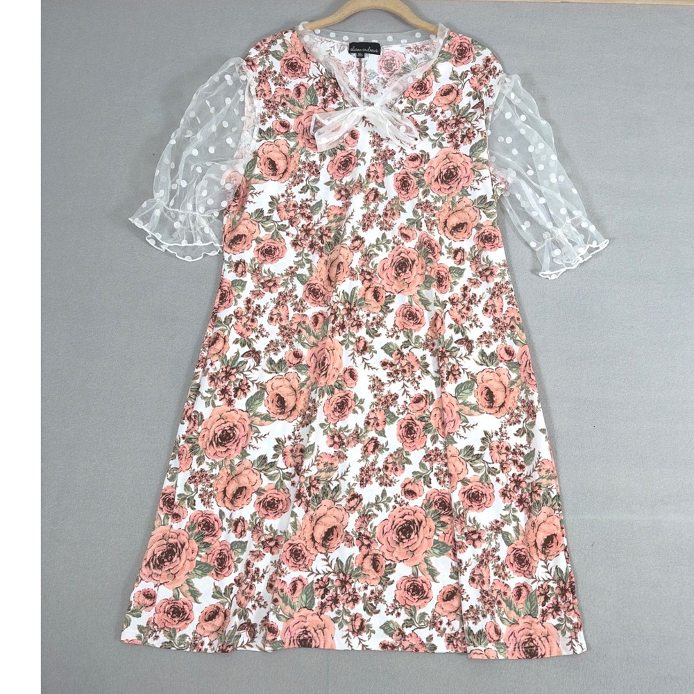 Alison Andrews Floral Polka Dot Mesh Sleeve Shift Dress XL Pink White GK51731
